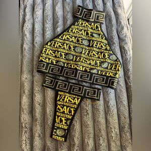 Versace Logo Print Bikini Set Greca Trim Black Yellow Gold‎ Thong Size S